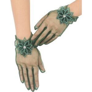 Women's Evening Dark Green Mesh Lace Short Gloves Wedding Bridal Tea Party Prom